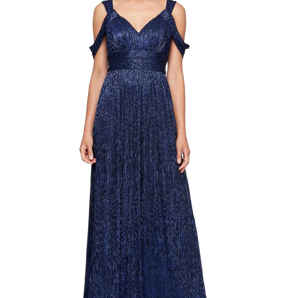 Elegant Blue Black Metallic Off the Shoulder Dress